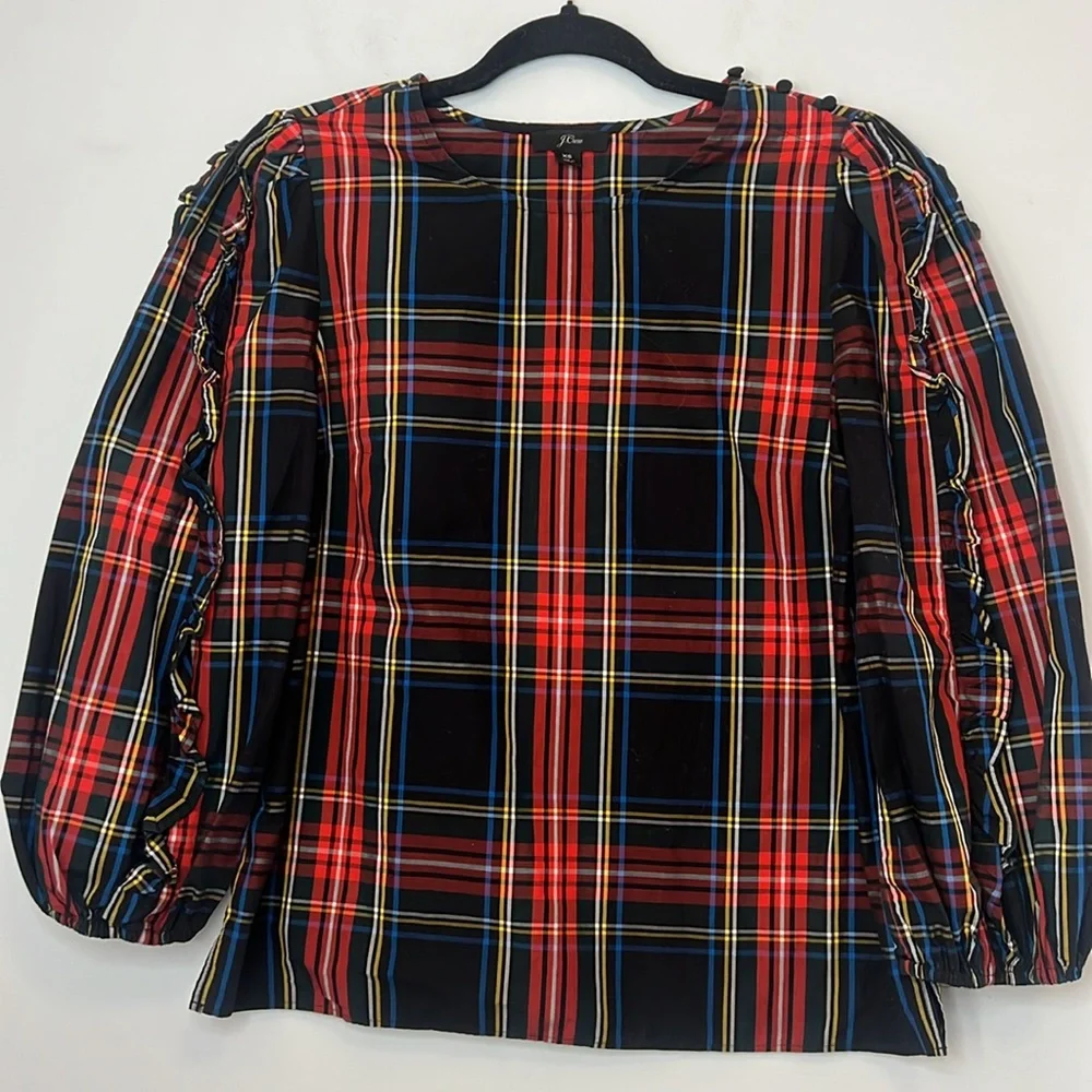J.Crew‎ Women's Elegant Black Yellow Red Blue Plaid Ruffle Puff Sleeve Blouse